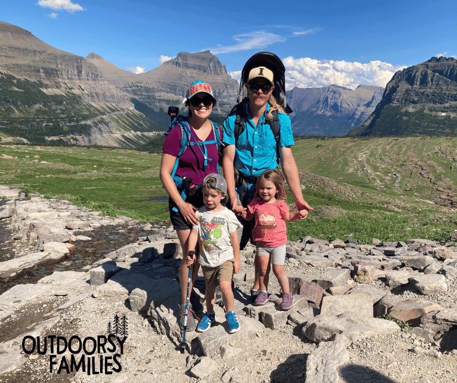 Family with two small children hiking in Glacier National Park